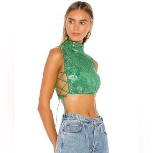 Revolve H:ours 21 Crop Top Lace Up Sequin Green XS